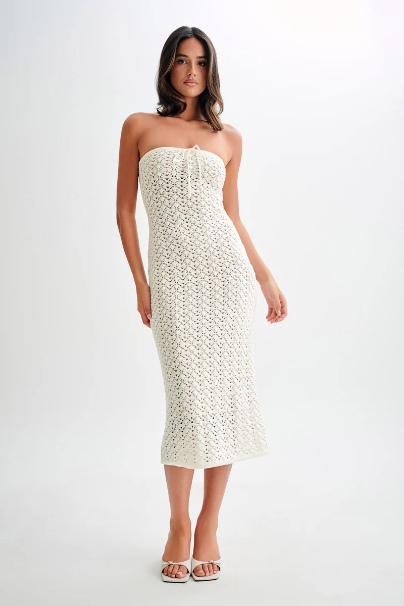 Delia Strapless Knit Midi Dress - Ivory | MESHKI US