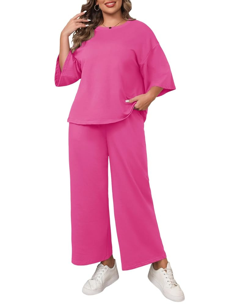 Beautife Womens Plus Size 2 Piece Outfits 3/4 Sleeve Tops and Wide Leg Pants Loungewear Pajamas S... | Amazon (US)