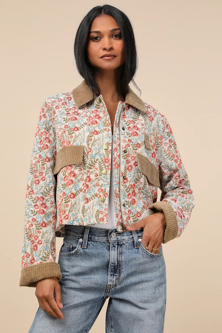 Morrina Beige Multi Floral Jacquard Barn Jacket | Lulus