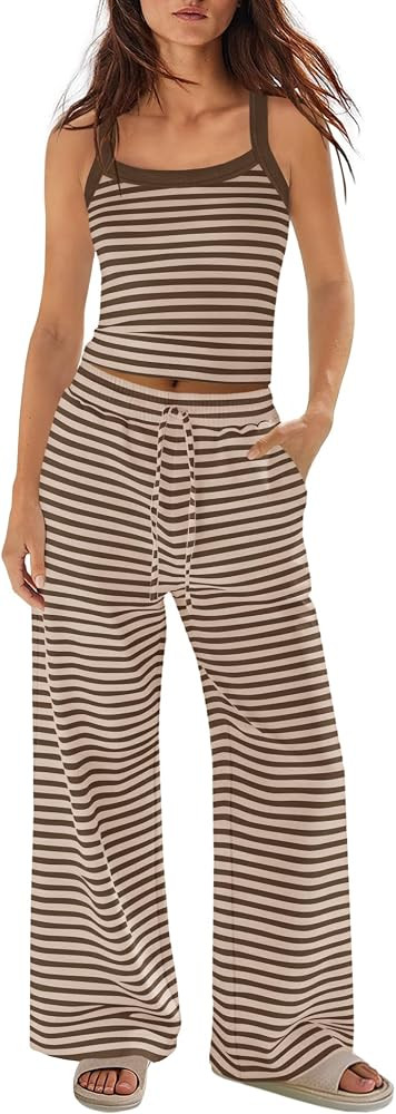 Panadila Womens Striped Two Piece Sets Summer Beach Outfits     2 Piece Lounge Set, Spaghetti Str... | Amazon (US)