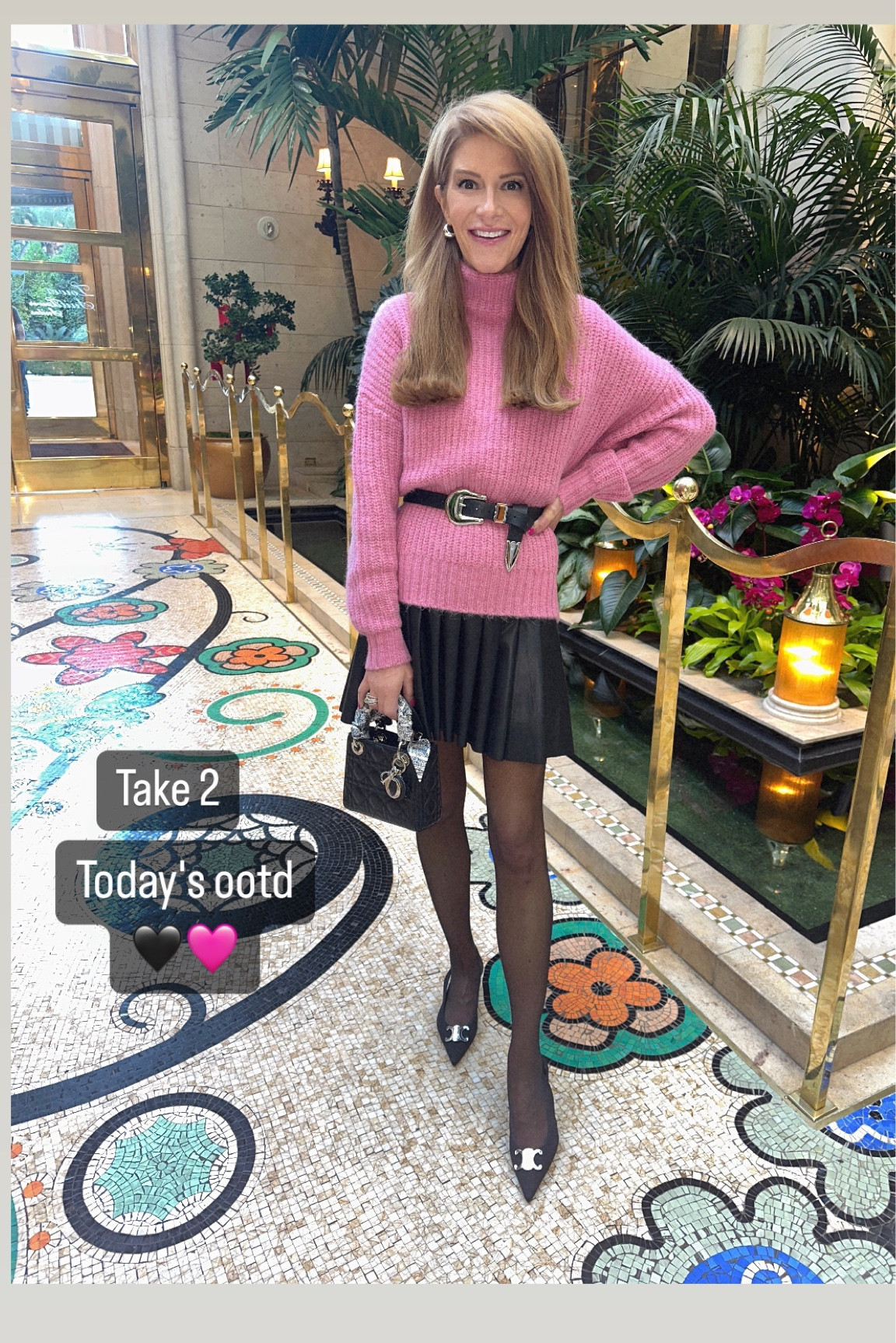 Today in this pleated faux leather skirt, pink sweater & black sheer tights- skirt is a steal and so fun!

#LTKfindsunder100 #LTKtravel #LTKover40