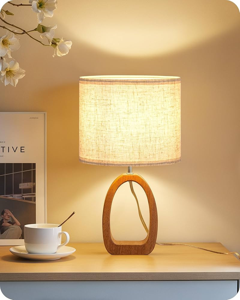 Small Table Lamp, 14.2" Cute Little Desk Lamp, Wood Bedside Lamp with Linen Lampshade, Modern Nig... | Amazon (US)