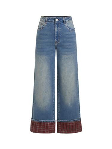 CIDER Wide Leg Jeans for Women Stretchy Plaid Cuffed Folded Hem High Waisted Trendy Straight Leg Denim Pants with Pockets Indigo | Amazon (US)