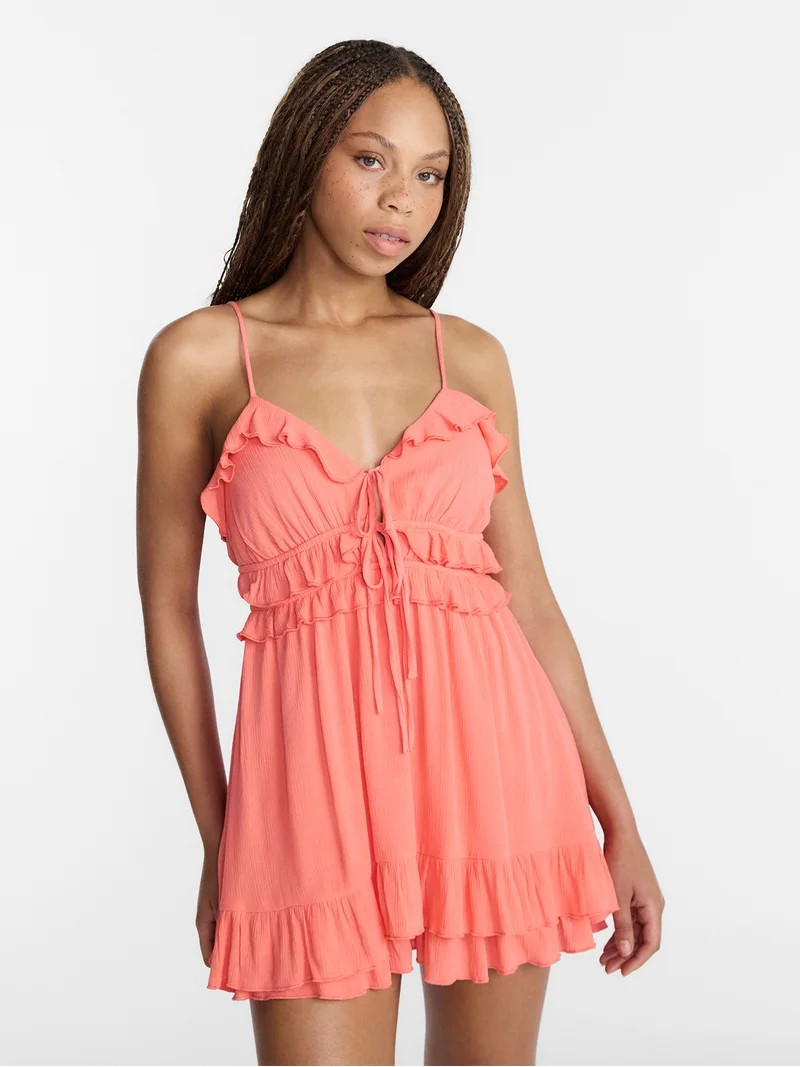 No Boundaries Sleeveless Tie Front Ruffle Romper, Women's XXS-XXL | Walmart (US)
