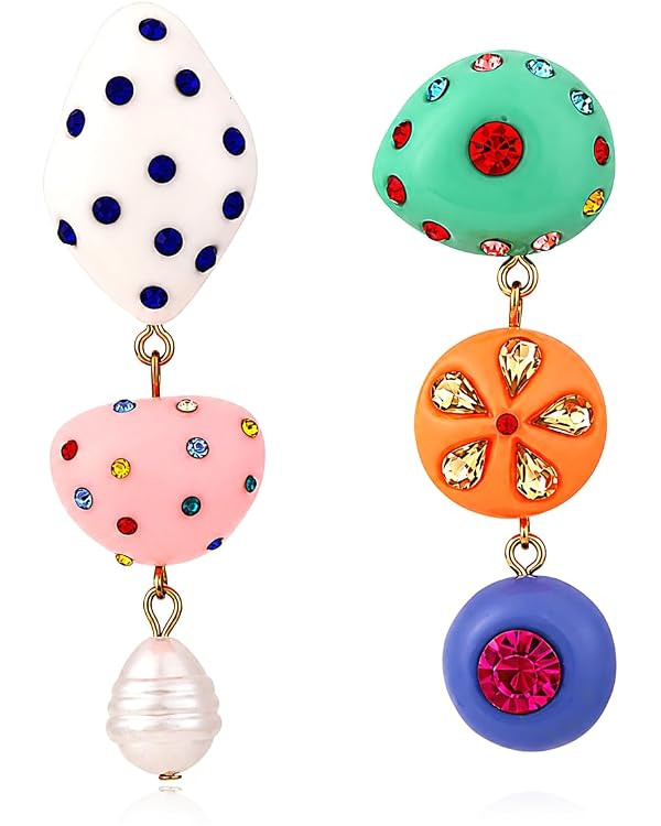Colorful Asymmetrical Resin Drop Earrings for Women, Handmade Polka Dot Beaded Dangle Earrings, A... | Amazon (US)