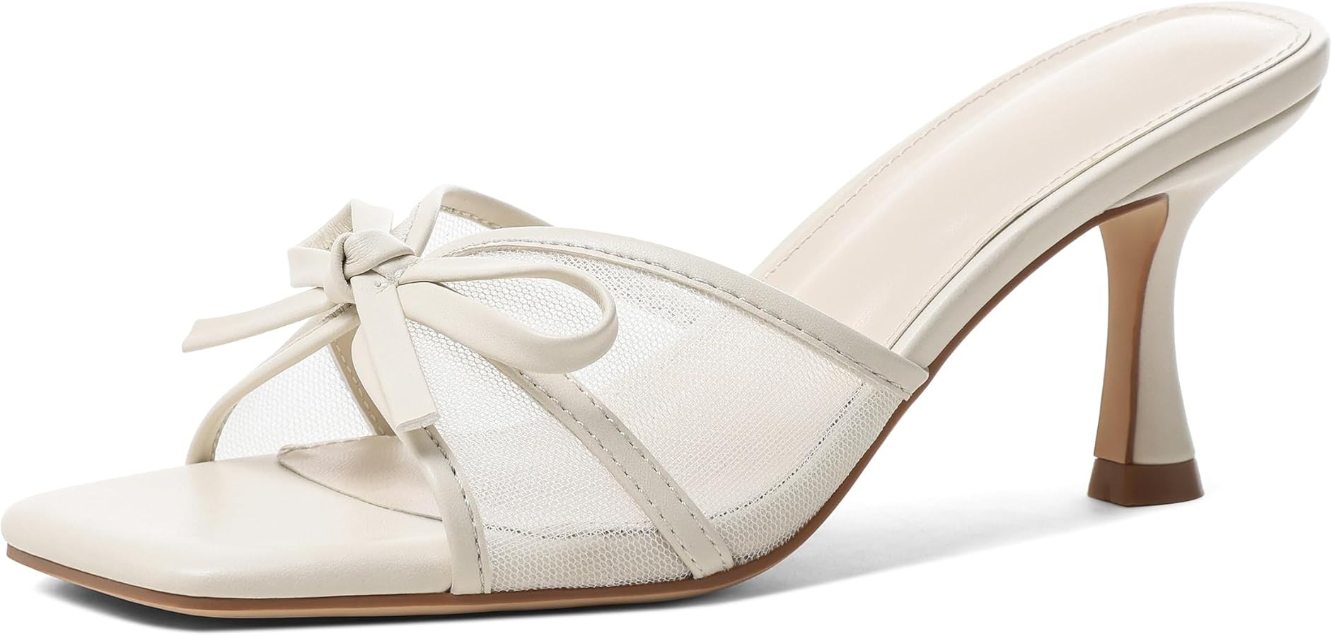 Marc Ford Kitten Heels for Women Square Open Toe Heeled Mesh Mules with Bow Slip on Sandals Comfo... | Amazon (US)