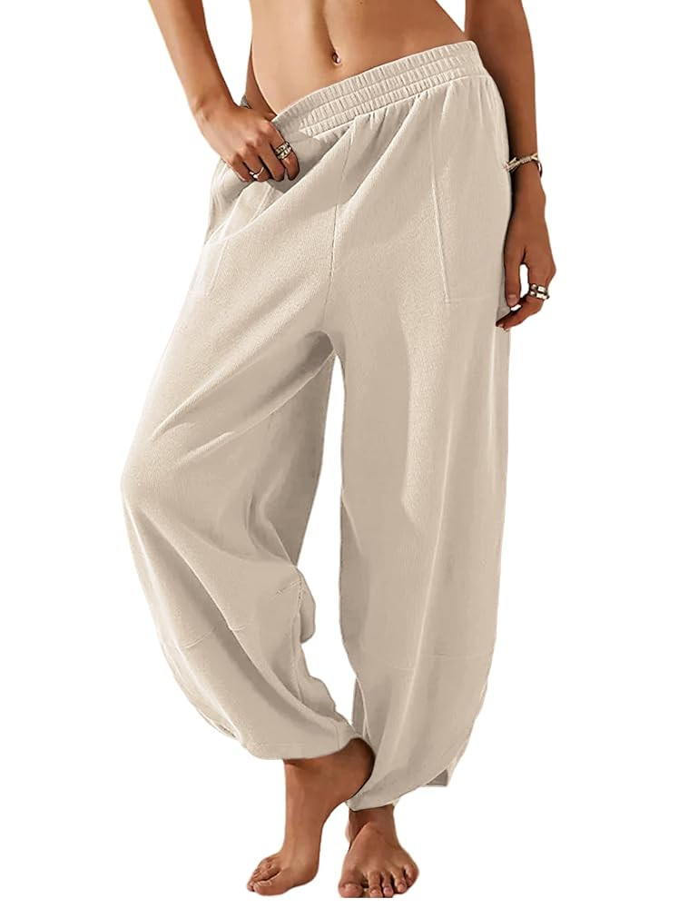 Himosyber Women Cotton Pants Wide Leg Pants Casual Loose Baggy Elastic Waist Beach Palazzo Harem ... | Amazon (US)