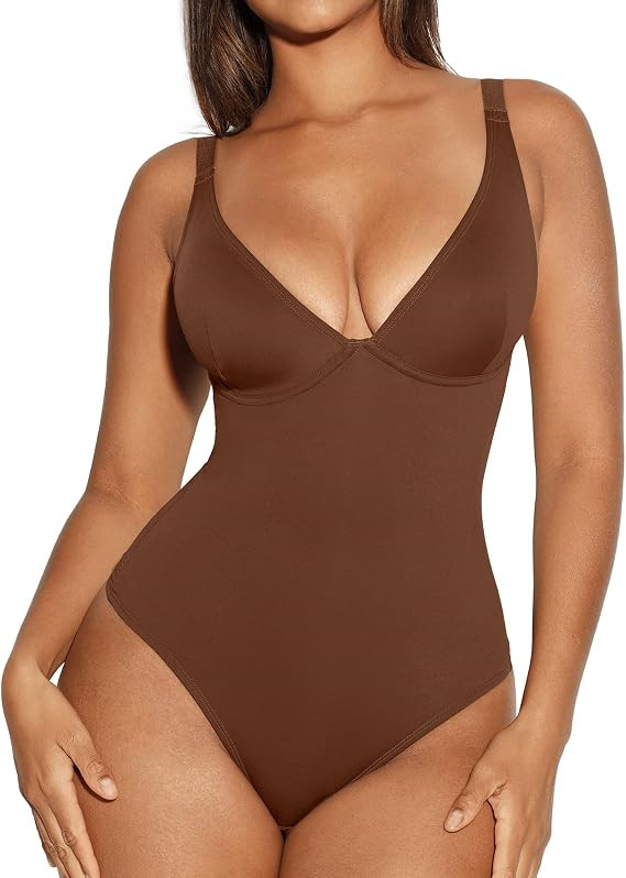 FeelinGirl Shapewear Bodysuit Tummy Control Slim Body Shaper Deep V Neck Thong Body Suits for Wom... | Amazon (US)