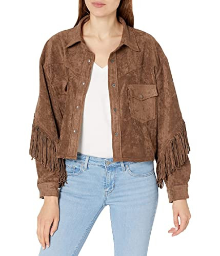 [BLANKNYC] womens Suede Fringe Shirt With Front Snap Closure Faux Leather Jacket, Hot Cocoa, Large US | Amazon (US)