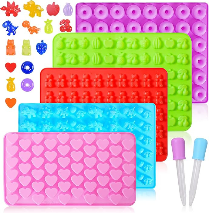 Silicone Gummy Bear Molds,5Pcs Non-stick Chocolate Candy Molds with 2 Droppers Including Mini Din... | Amazon (US)