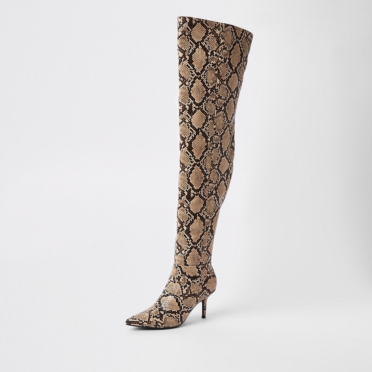 Beige snake print slouch over the knee boots | River Island (UK & IE)