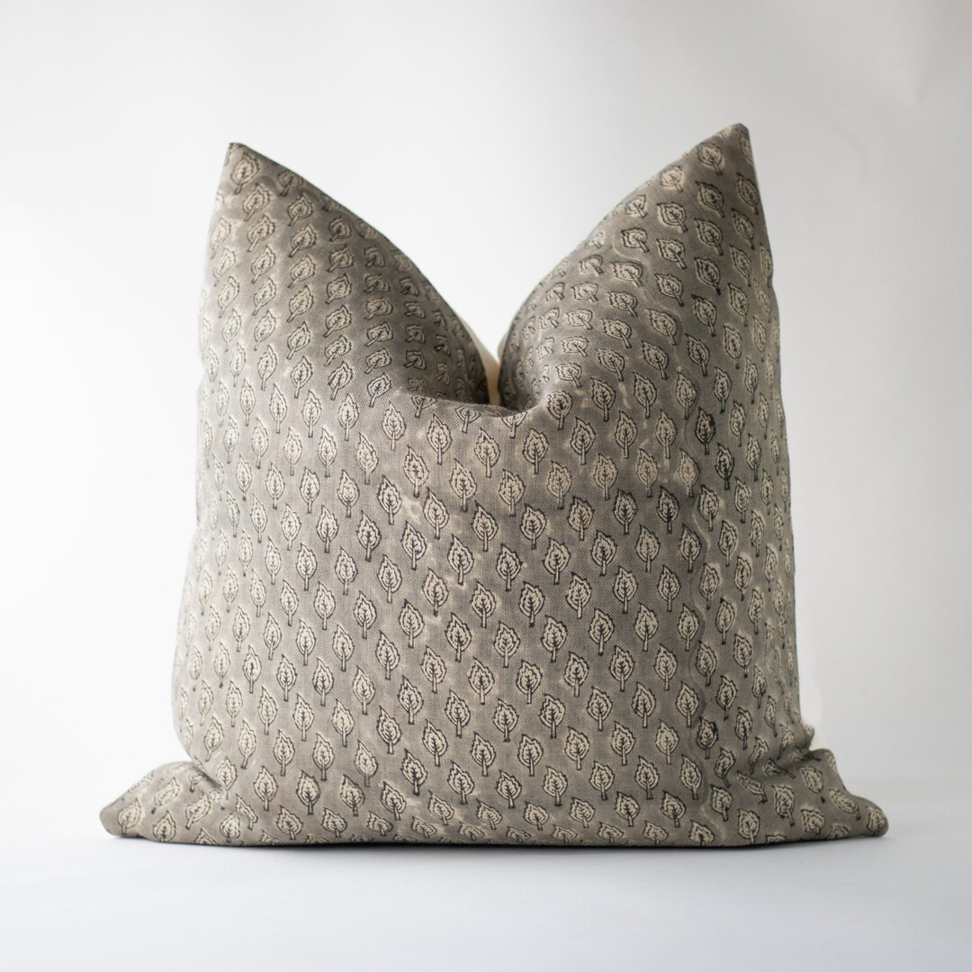 Gray and Black Hand Block Pillow Cover, Neutral Leaf Print Cushion, Decorative Throw Pillow, Desi... | Etsy (US)