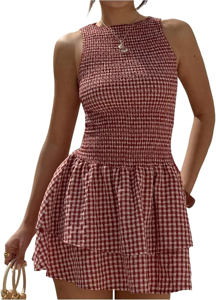 GORGLITTER Women's Gingham Mini Dress Cute Tiered Ruffle Hem Smocked Plaid A Line Vacation Short ... | Amazon (US)