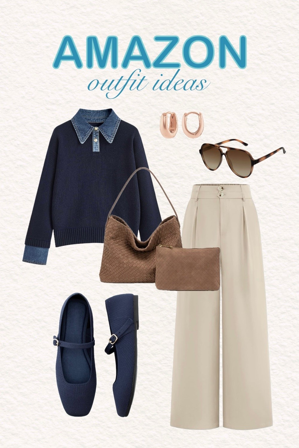 Another Amazon gem! This outfit features a cozy sweater with a denim collar, chic pleated pants, comfortable flats, a slouchy woven bag, rose gold chunky earrings, and stylish sunglasses.

It's the perfect blend of cozy and put-together for cooler days. Shop this entire look

#LTKgrwm #LTKootd #LTKNYFW