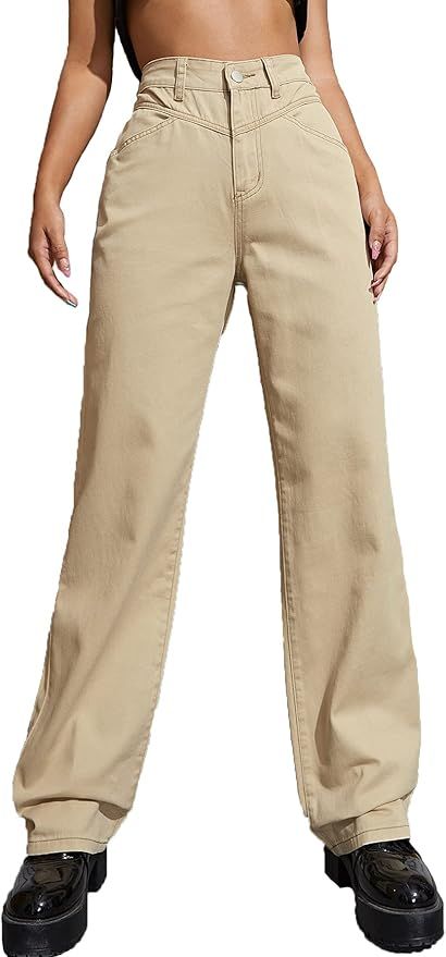Floerns Women's Casual Solid Button Front Tapered Jeans with Pocket | Amazon (US)