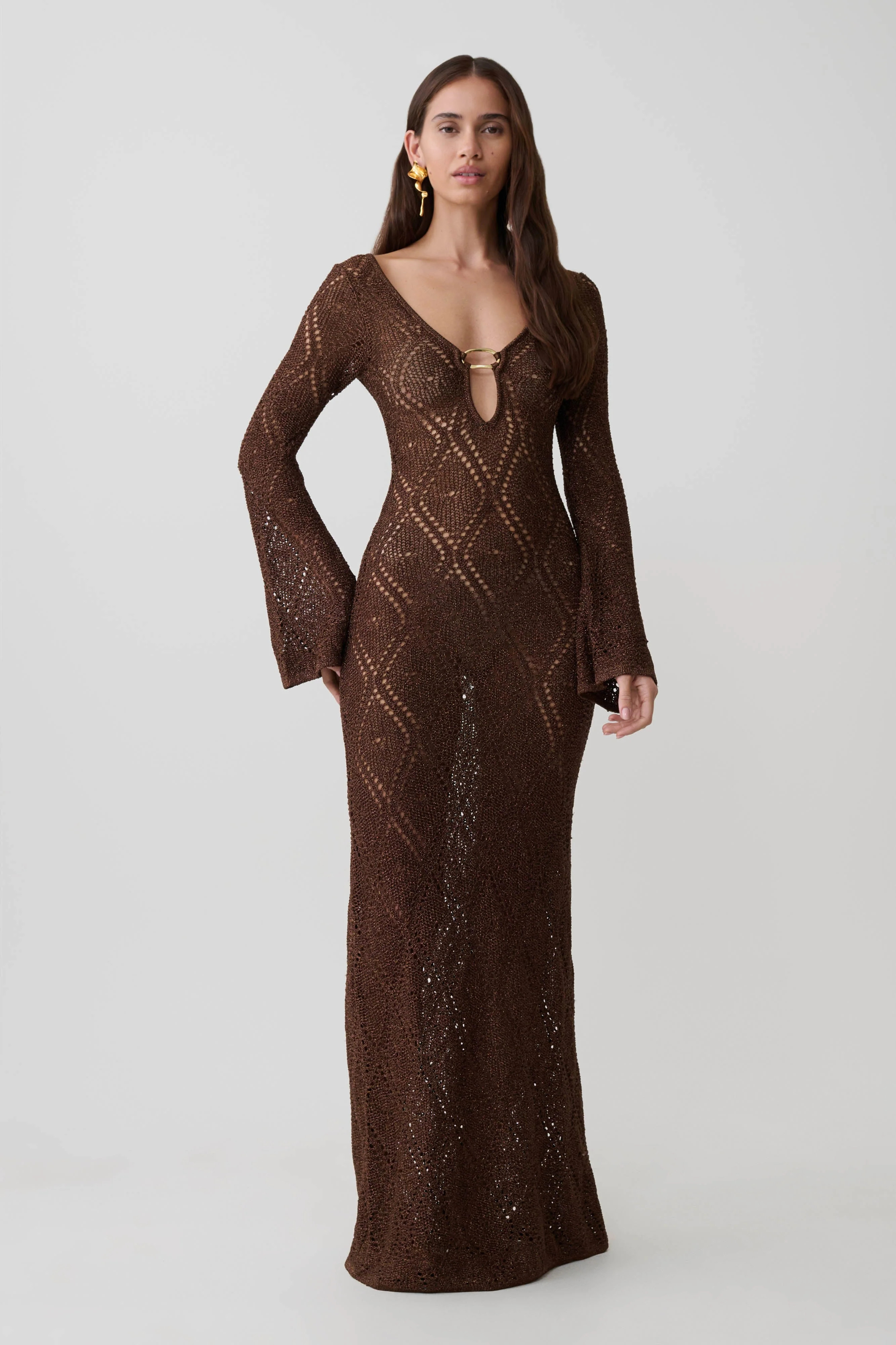 Chelsea Lurex Crochet Maxi Dress - Bronze | MESHKI US