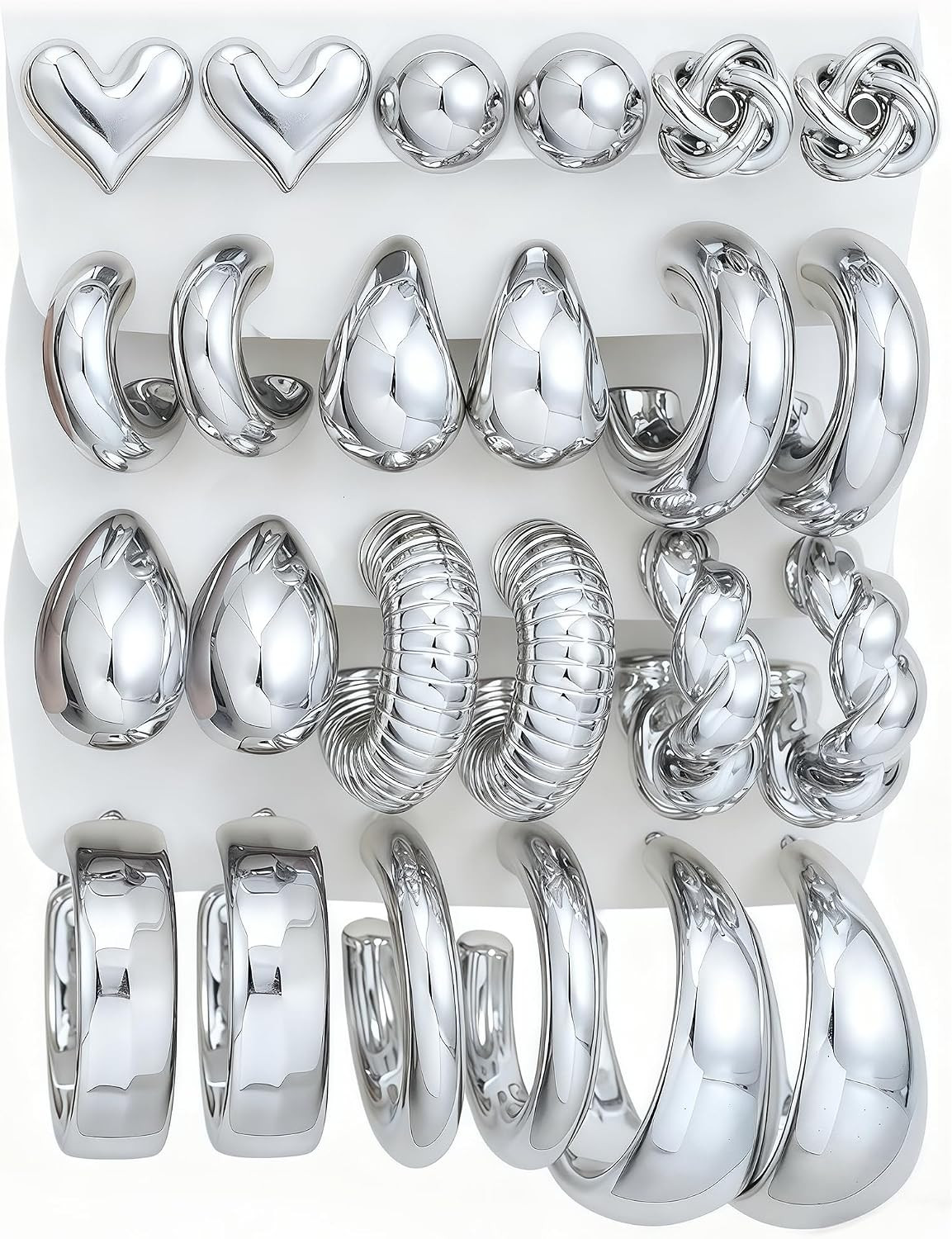 12 Pairs Chunky Silver Hoop Earrings for Women Trendy, Silver Plated Lightweight Thick Open Twisted Stack, Non Tarnish Huggie Hoops Earring Set | Amazon (US)