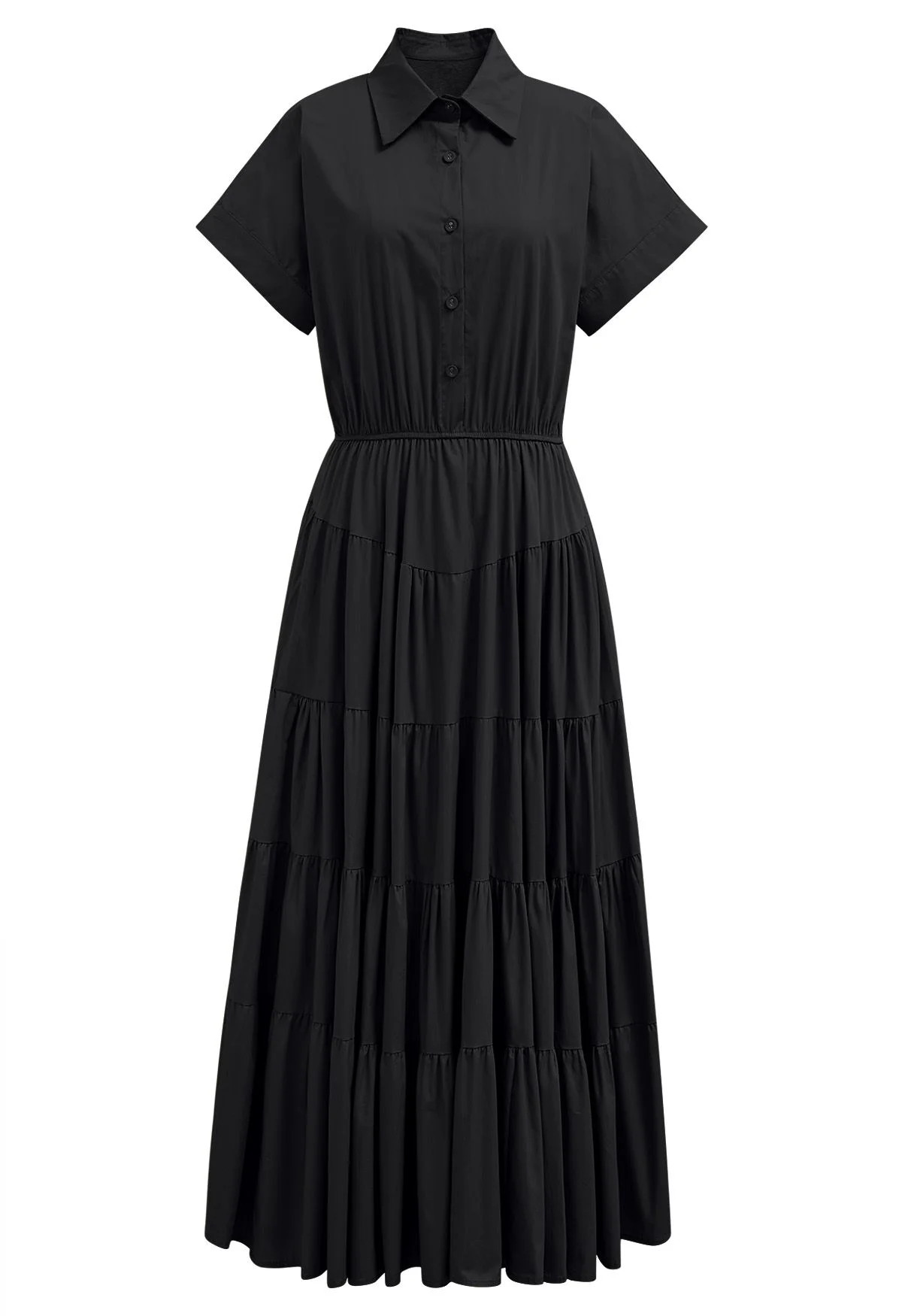 Short Sleeves Frilling Cotton Maxi Dress in Black | Chicwish