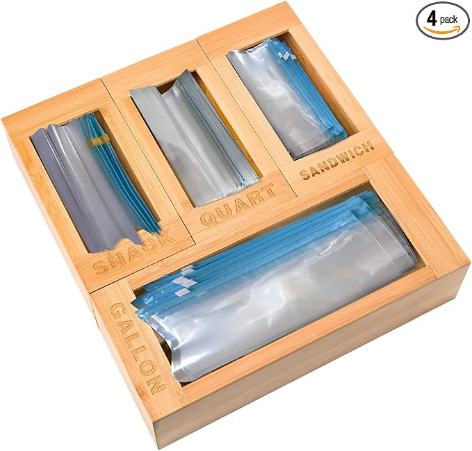 YUFOOMS ziplock bag storage organizer Bamboo Bag Storage Organizer for Kitchen Drawer, 4 Pieces P... | Amazon (US)