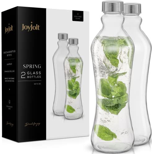 JoyJolt Glass Water Bottles - 2pc Glass Water Bottle Set. 32 oz Water Bottles, Clear Glass Bottles with Lids (Stainless Steel, Leakproof Seal). 1 Liter Water Bottles for Juicing or Iced Tea Bottle | Amazon (US)