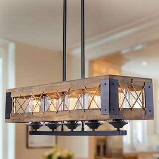 Modern Farmhouse Chandelier 32 in. W Black Rectangular Dining Room Chandelier, 5-Light Kitchen Island Wood Pendant Light | The Home Depot