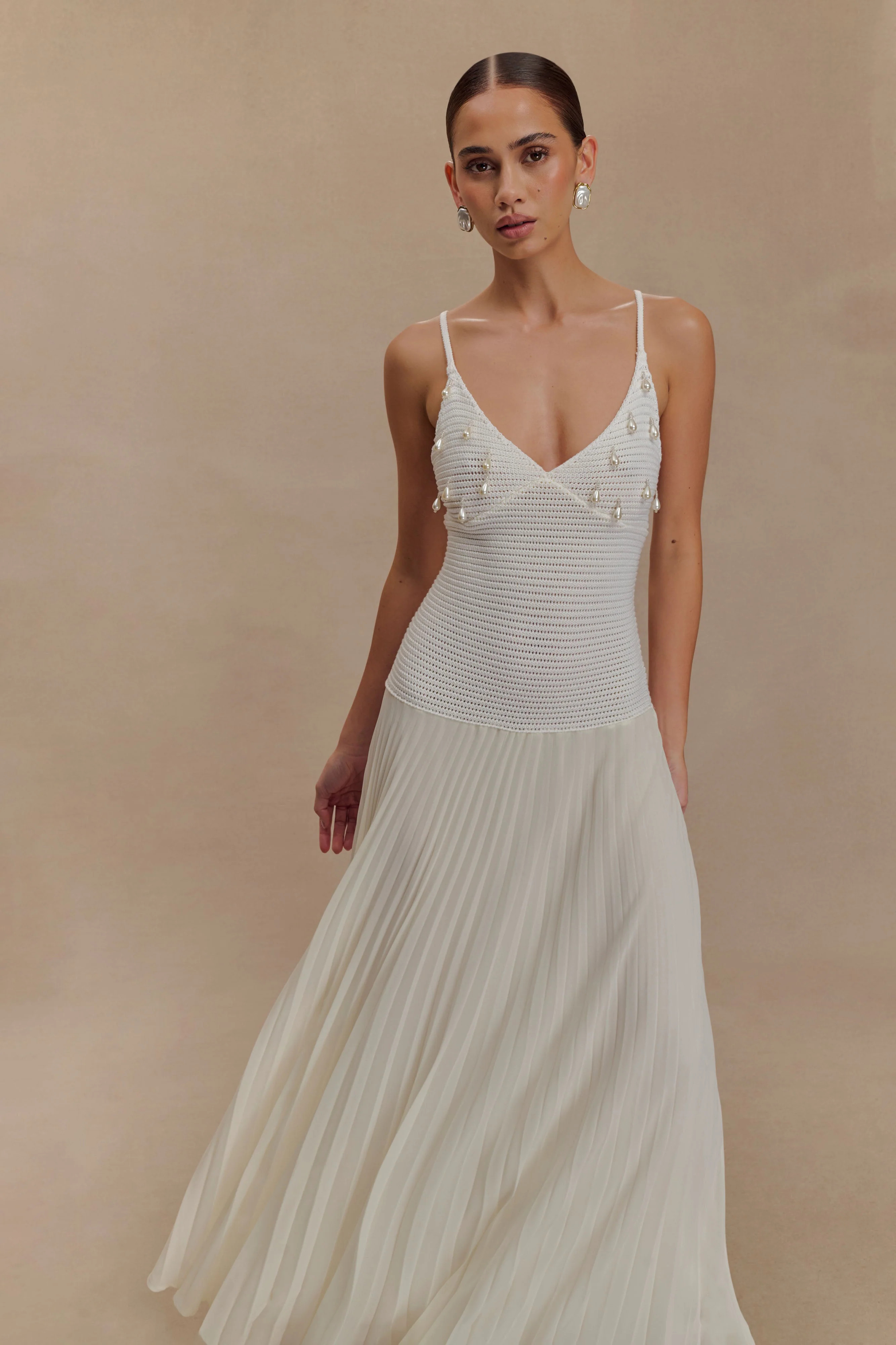 Catherine Crochet Pearl Maxi Dress - White | MESHKI US