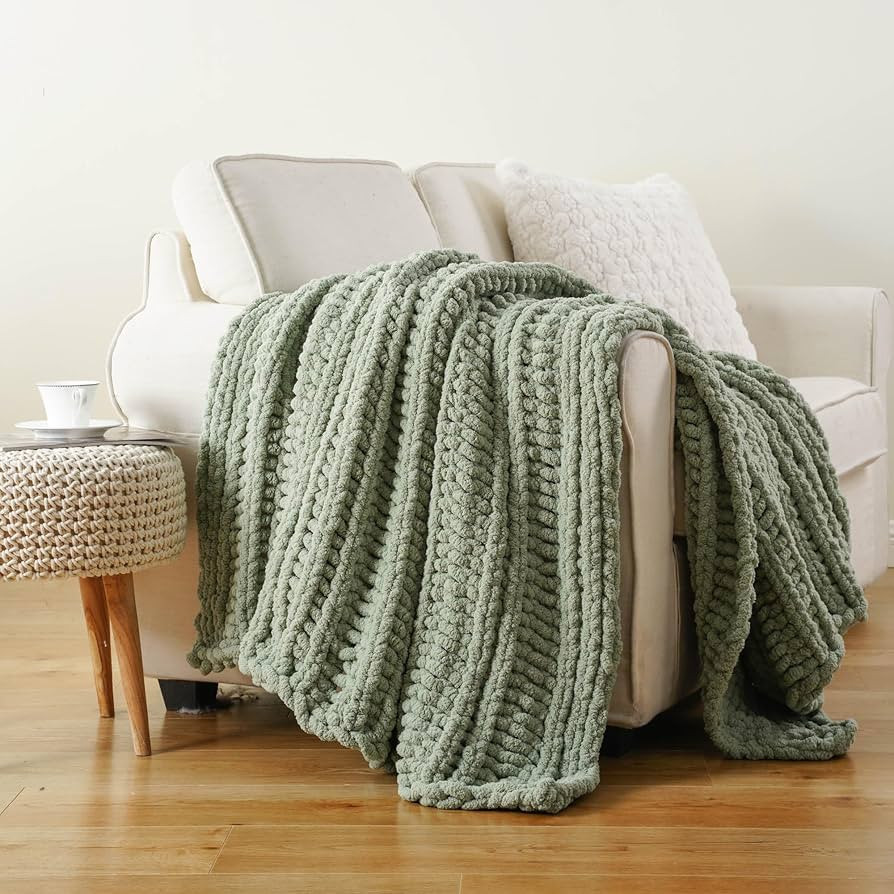 Battilo Chunky Knit Blanket Throw，Sage Throw Blanket for Couch, Thick Warm Soft Cozy Knitted Ch... | Amazon (US)