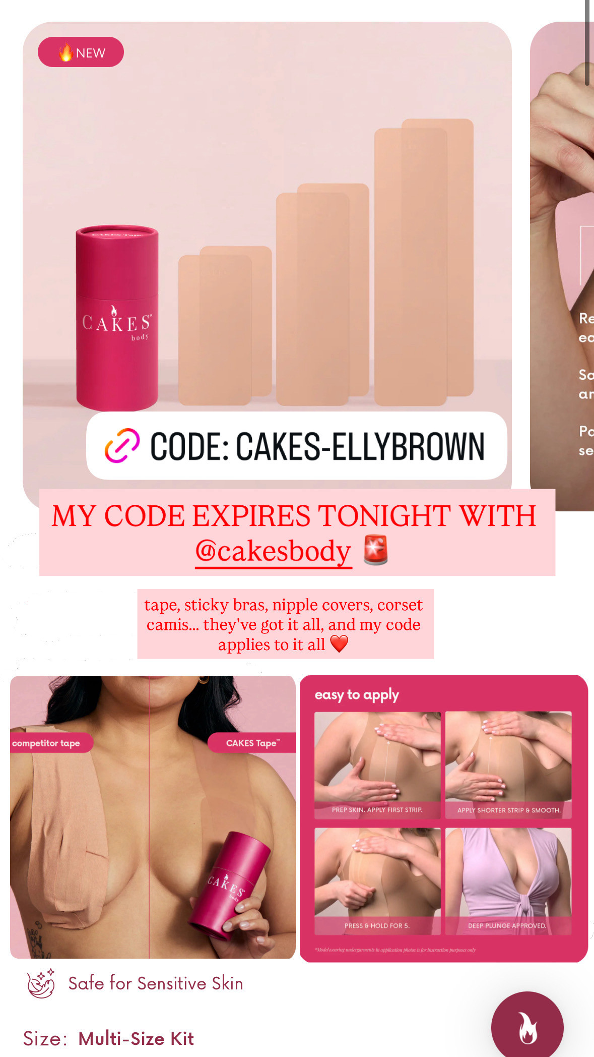Last reminder, I promise. My Cakes Body Tape discount code — CAKES-ELLYBROWN — expires tomorrow, April 30th. Use my code to get 21% off!
If you've got a wedding, event, or anything backless/plunging coming up this spring or summer, this is the tape worth having on hand before you need it. Pre-cut silicone strips, buildable coverage, dermatologist-approved. It's the kind of thing you don't think about until 20 minutes before you leave the house.
Grab it now so you're not in that situation. 😅 

 