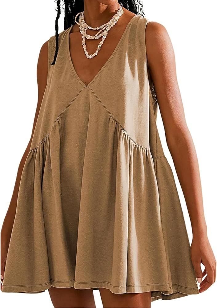 Women's V Neck Sleeveless Mini Dress Loose Summer Pleated Swing Flowy Sundress | Amazon (US)