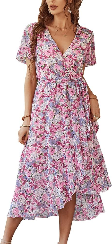 Angashion Women's Dress Summer Short Sleeves Floral Printed Boho Wrap V Neck High Low Irregular Ruff | Amazon (US)