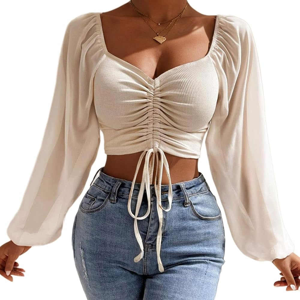 Women's Sweetheart Neck Crop Top Blouse Sexy Pleated Drawstring Ruched Chiffon Shirred Mesh Lante... | Amazon (US)
