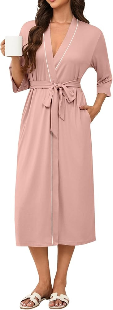 Ekouaer Robes for Women Long Knit Bathrobe Lightweight 3/4 Sleeves Kimono Robe Soft Sleepwear wit... | Amazon (US)