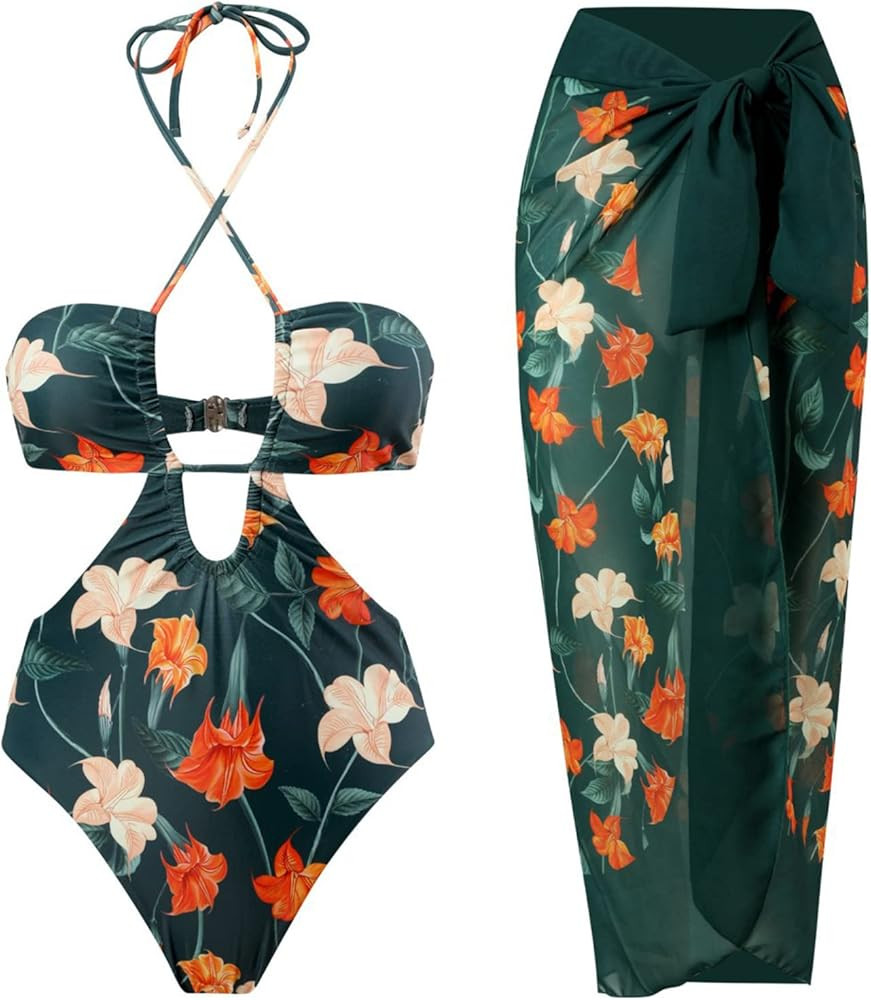 Women's One Piece Swimsuit with Beach Cover up Wrap Skirt Sarong Retro Floral Print Bikini Set Tw... | Amazon (US)