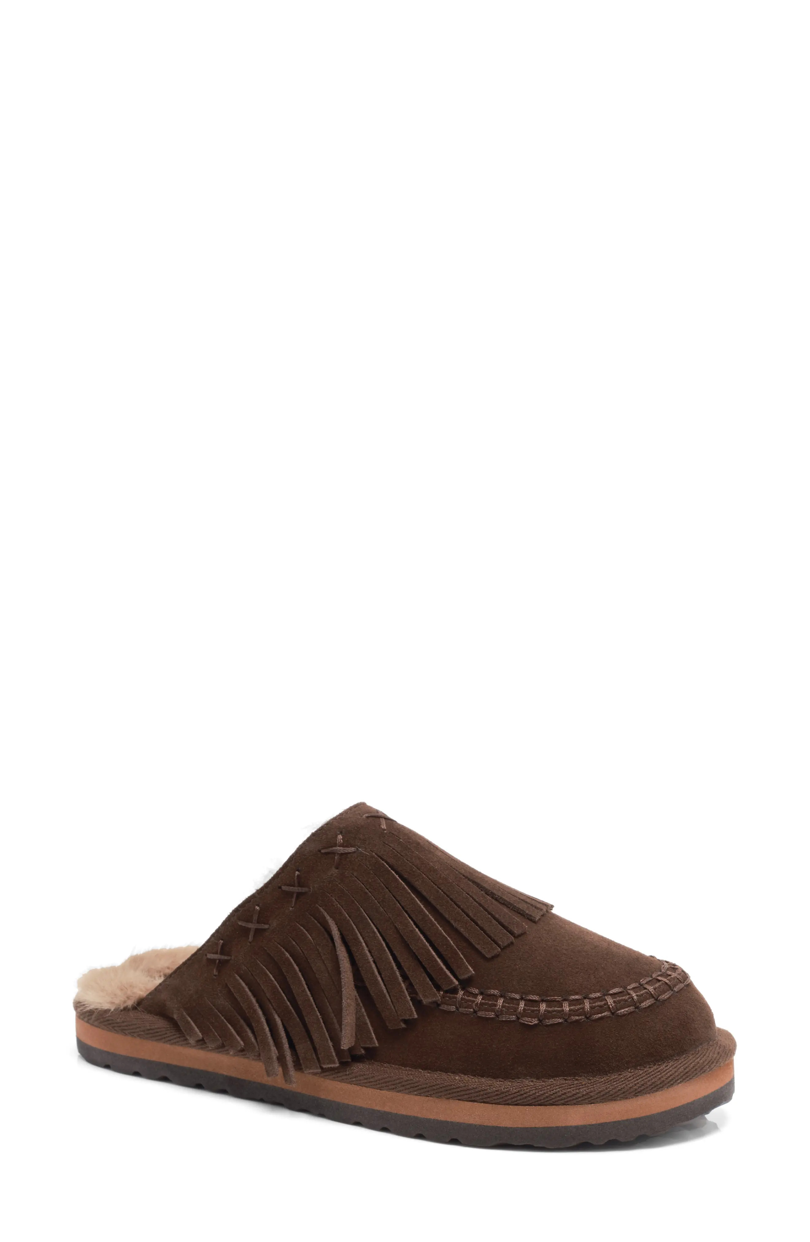 Free People Fallon Fringe Faux Fur Mule Slipper in Toffee Suede at Nordstrom, Size 10 | Nordstrom