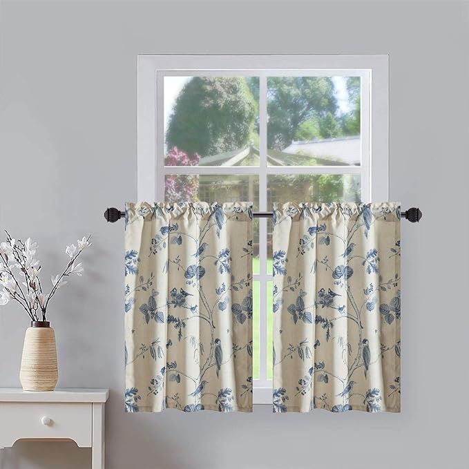 Leeva Elegant Blue Birds Curtain Tiers for Living Room Linen Textured Half Window Draperies Rod P... | Amazon (US)