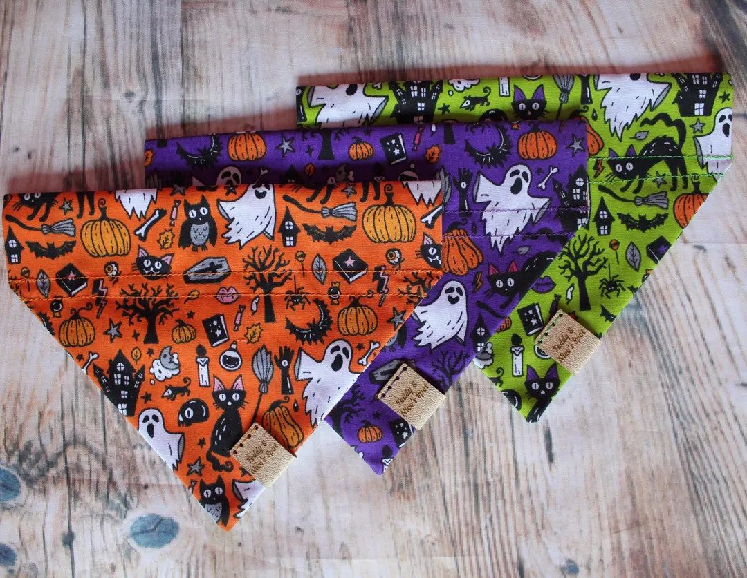 Halloween Ghost Monster Cat Spooky Print Handmade Collar Slip on Dog Bandana - Etsy | Etsy (US)