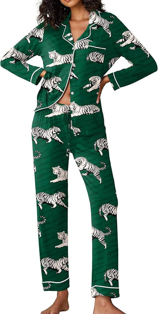 Ekouaer Pajamas Women's Long Sleeve Sleepwear Soft Button Down Loungewear Pjs Lounge Set Nightwea... | Amazon (US)