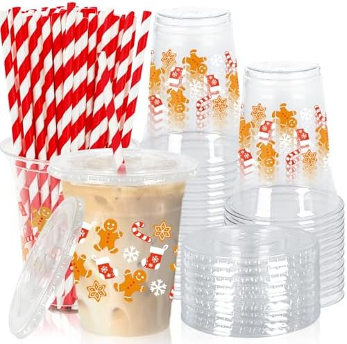 50Pcs Christmas Plastic Cups with Lids Straws Gingerbread Man Snowflake Candy Cane Drinking Cup 1... | Amazon (US)