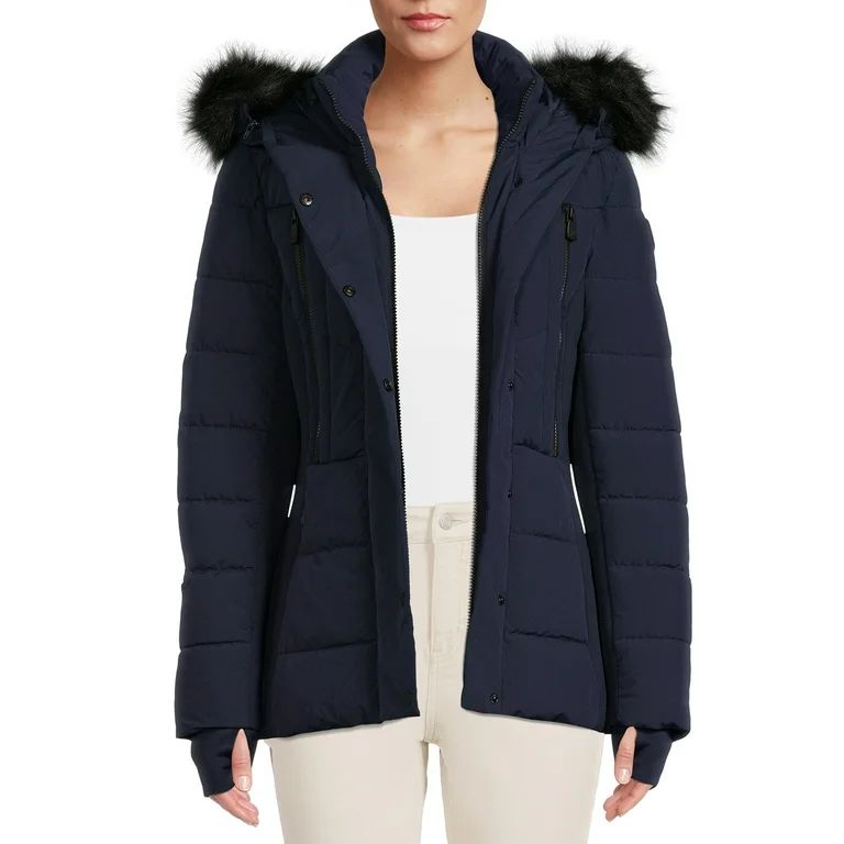 F.O.G. Women's Short Puffer Coat with Faux Fur Hood | Walmart (US)
