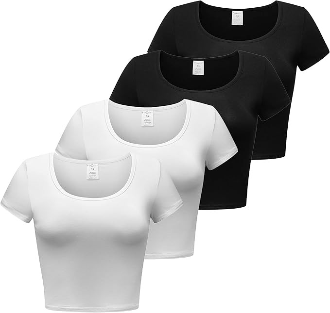 Women’s 4 Pieces Basic Crop Tops Scoop Neck Cap Sleeve Shirts | Amazon (US)