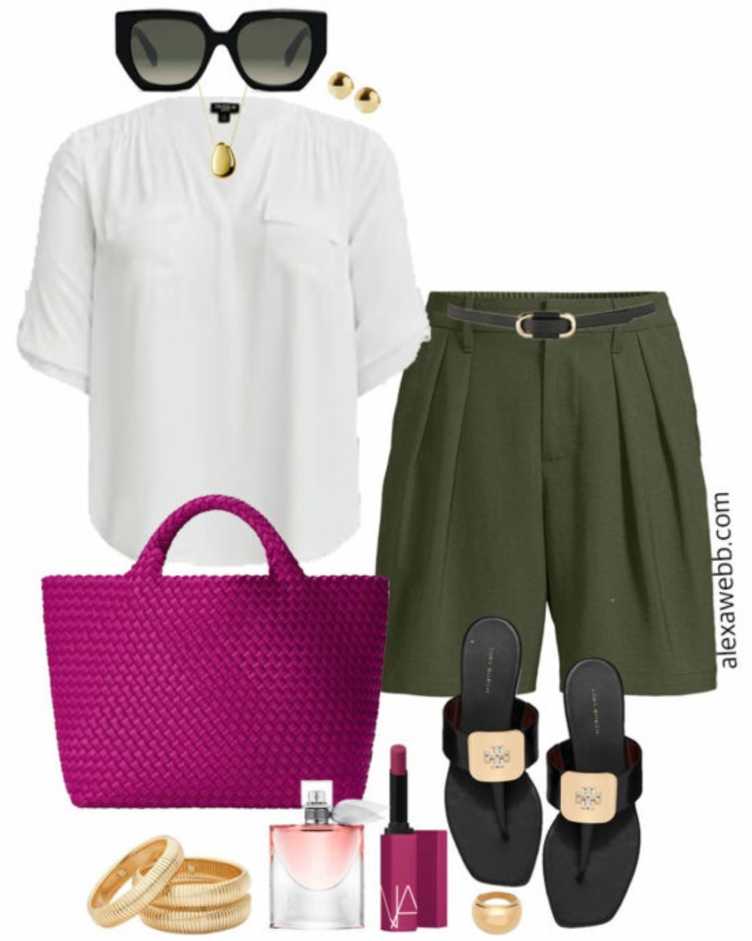 Plus Size Green Shorts Outfits - A plus size casual outfit idea that can be worn on hot days this spring and summer. A pair of plus size pleated shorts in green with a white blouse and a bright magenta or fuchsia woven tote bag with sandals and sunglasses. So chic for casual outings or even casual dinners. Alexa Webb

#LTKSeasonal #LTKPlusSize #LTKStyleTip