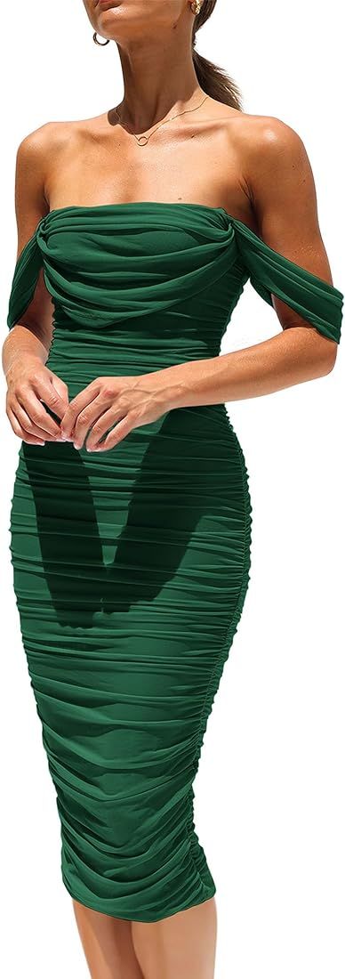 Women's Summer Off The Shoulder Ruched Bodycon Dresses Sleeveless Fitted Party Club Midi Dress | Amazon (US)