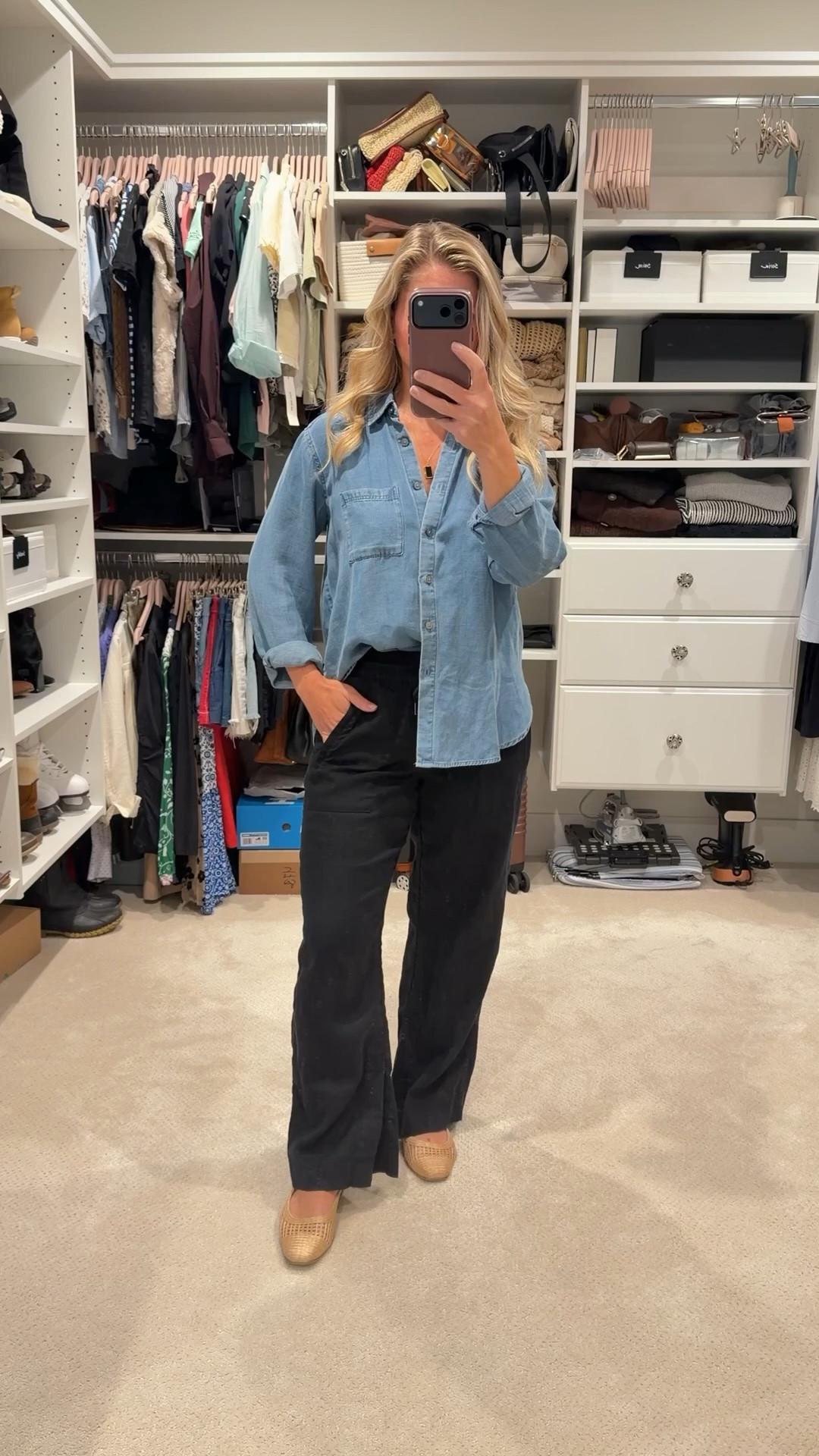 I like this one because it feels very “Evalia.” It’s polished, approachable, and practical.

Caption:

Workwear that works as hard as you do.

A chambray button-down instantly softens tailored black trousers, and woven flats keep the look comfortable enough for a full day of meetings, job sites, or client appointments. It’s one of those combinations I reach for again and again because it always feels polished without feeling overdressed.

Linked everything I’m wearing in LTK. 🤍

#LTKootd #LTKPetite #LTKWorkwear