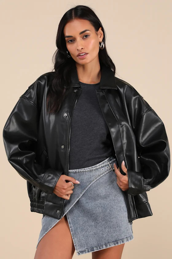Kenny Black Oversized Vegan Leather Bomber Jacket | Lulus