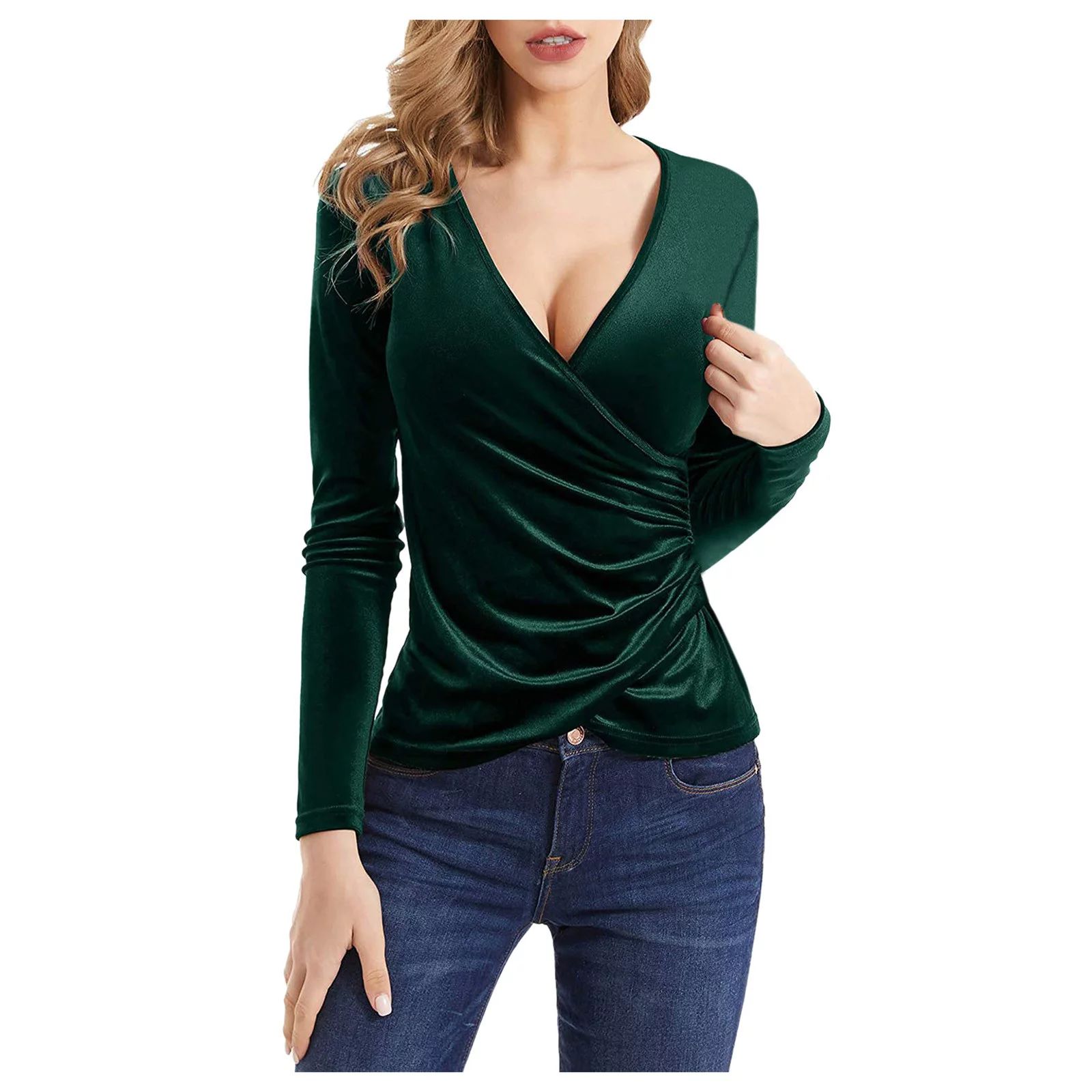 hoodies for women Women Deep V Neck Long Sleeve Velvet Unique Cross Wrap Sexy Slim Fit Tops - Wal... | Walmart (US)