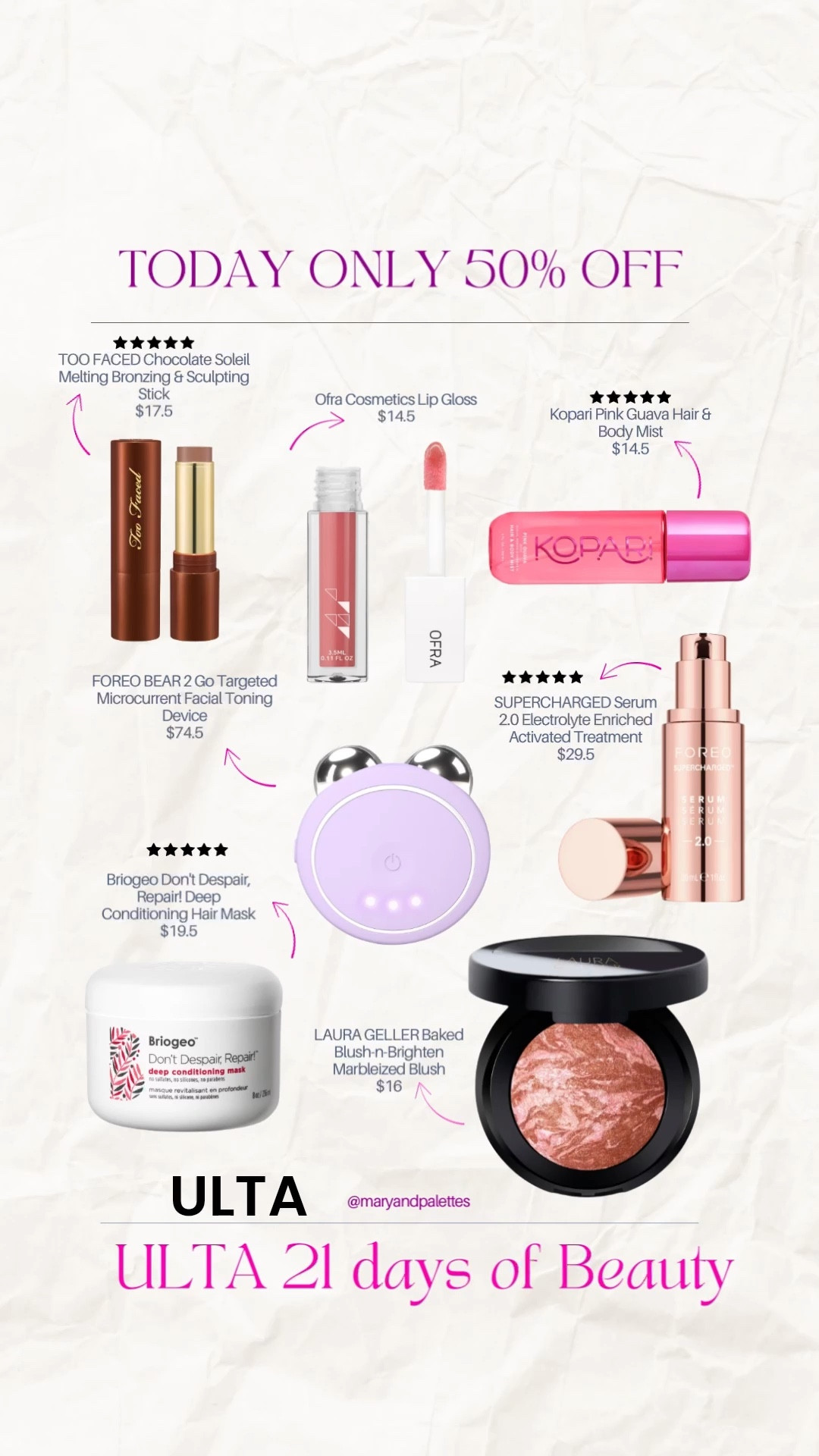 Todays steals 50% OFF Briogeo, Kopari, ultrasonic FOREO and so much more. 

#LTKSaleAlert #LTKBeauty #LTKFindsUnder50