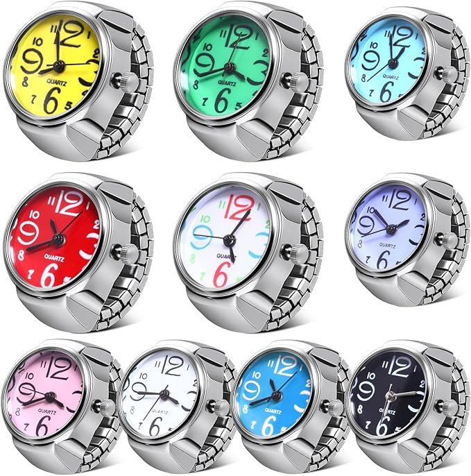 Landical 10 Pcs Finger Watches Ring for Women Men Adjustable Clock Rings Bulk Creative Elastic Ro... | Amazon (US)