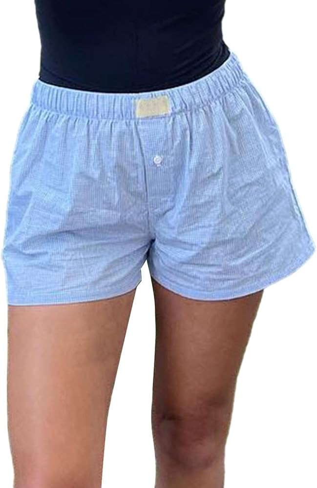Yuemengxuan Y2k Plaid Shorts Baggy Boxer Shorts for Women Elastic Waist Casual Lounge Bottom Ging... | Amazon (US)