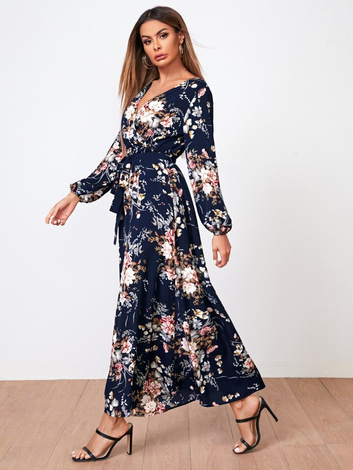 CA$24.59            TrendsSHEIN Clasi Surplice Neck Self Belted Botanical Print Dress4.90(1000+)C... | SHEIN