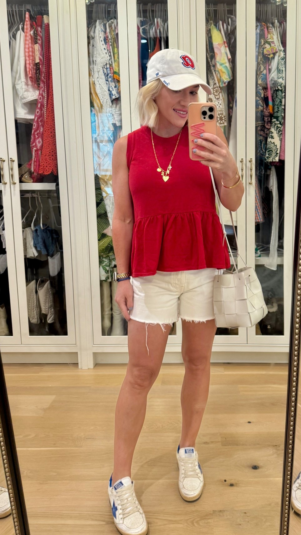 Red Tuckernuck top size XS. White denim shorts. Size 25. Braves baseball game. Baseball look. Petite style. Causal look. 

#LTKFindsUnder100 #LTKStyleTip #LTKPetite
